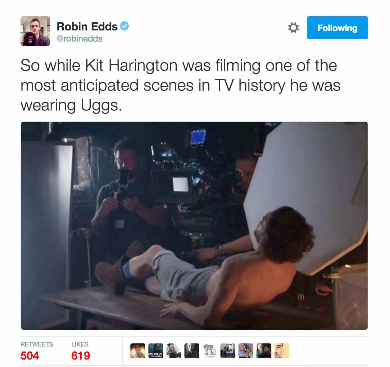 jon snow uggs - Robin Edds ing So while Kit Harington was filming one of the most anticipated scenes in Tv history he was wearing Uggs. 504 Ve Bitolivat 619
