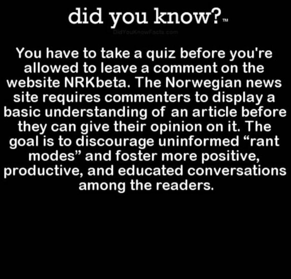 monochrome - did you know?. You have to take a quiz before you're allowed to leave a comment on the website NRKbeta. The Norwegian news site requires commenters to display a basic understanding of an article before they can give their opinion on it. The g