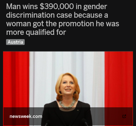 funny headline of man who won $390,000 for gender discrimination because woman got promotion he was more qualified for