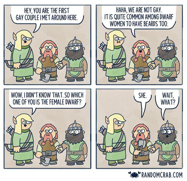 dwarf comic - Hey, You Are The First Gay Couple I Met Around Here. Haha, We Are Not Gay. It Is Quite Common Among Dwarf Women To Have Beards Too. Wow, I Didn'T Know That. So Which One Of You Is The Female Dwarf? She. Wait. What? Randomcrab.Com