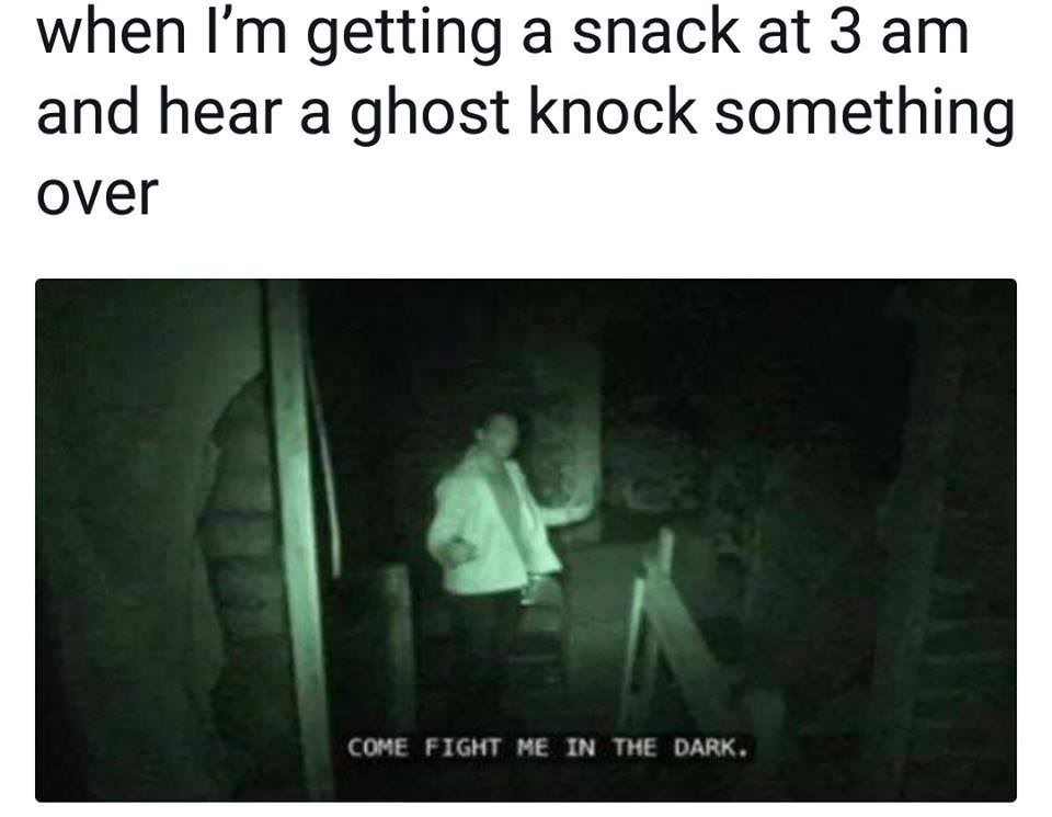 im a snack meme - when I'm getting a snack at 3 am and hear a ghost knock something over Come Fight Me In The Dark.