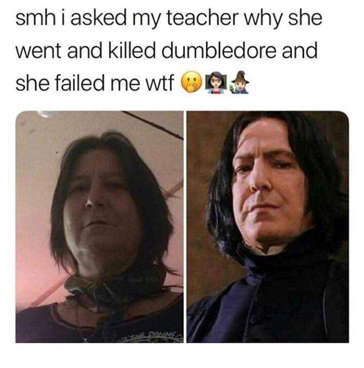 harry potter meme - smhi asked my teacher why she went and killed dumbledore and she failed me wtf 20