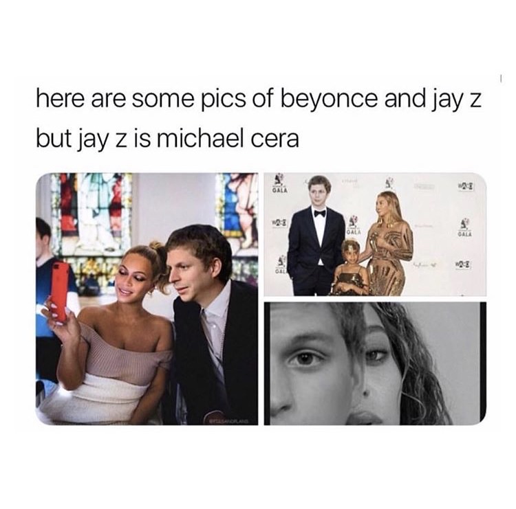 conversation - here are some pics of beyonce and jay z but jay z is michael cera