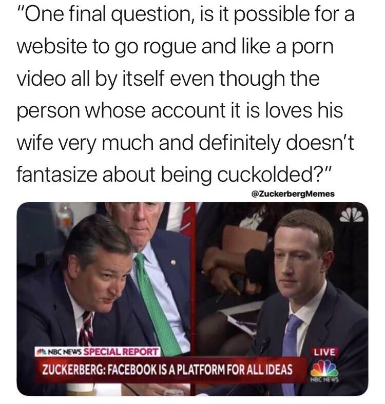my team will get back to you meme zuckerberg - "One final question, is it possible for a website to go rogue and a porn video all by itself even though the person whose account it is loves his wife very much and definitely doesn't fantasize about being cu