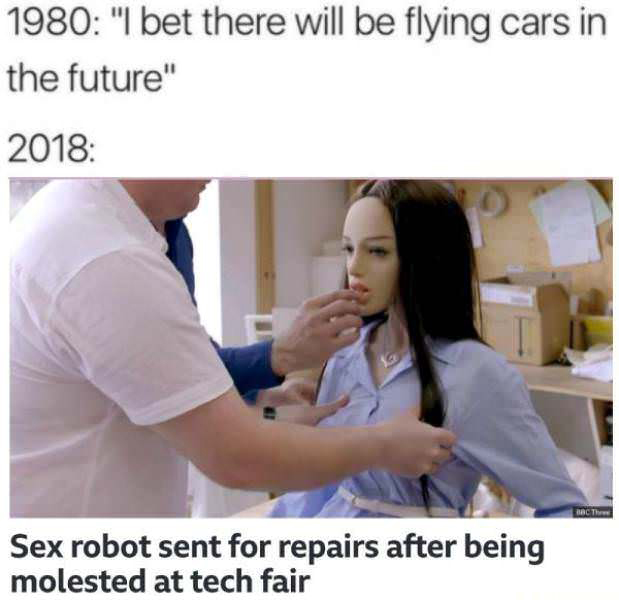 2017 we will have meme - 1980 "I bet there will be flying cars in the future" 2018 Sex robot sent for repairs after being molested at tech fair