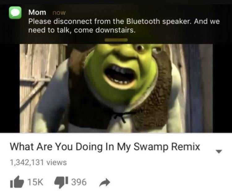 shrek memes - Mom now Please disconnect from the Bluetooth speaker. And we need to talk, come downstairs. What Are You Doing In My Swamp Remix 1,342,131 views I 15K 41396