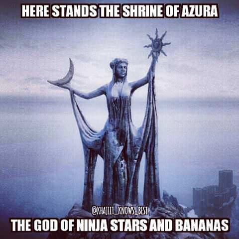here we see a female - Here Stands The Shrine Of Azura The God Of Ninja Stars And Bananas