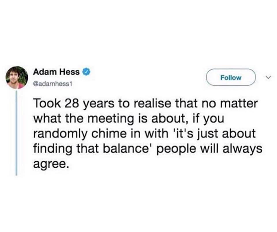 it's all about finding that balance meme - Adam Hess 1 Took 28 years to realise that no matter what the meeting is about, if you randomly chime in with 'it's just about finding that balance' people will always agree.