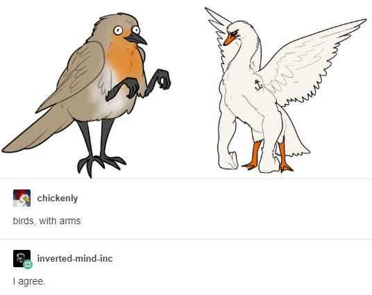 bird tumblr post - chickenly birds with arms invertedmindinc I agree