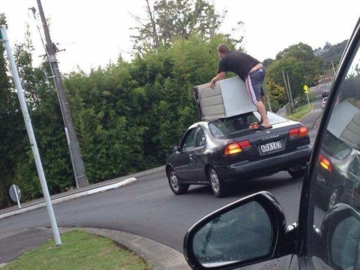 fridge strapped to car