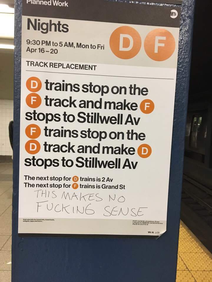 mta nyc memes - Planned Work Jus Nights to 5 Am, Mon to Fri Apr 1620 D F Track Replacement D trains stop on the f track and make stops to Stillwell Av f trains stop on the D track and make D stops to Stillwell Av The next stop for The next stop for trains