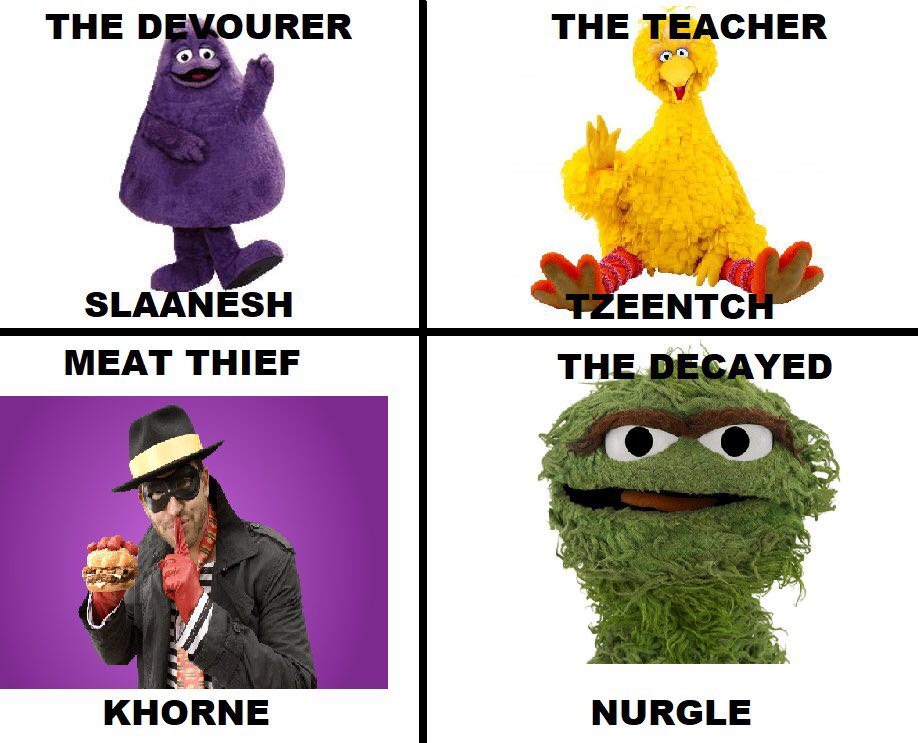 spicy warhammer 40k memes - The Devourer The Teacher Slaanesh Meat Thief Tzeentch The Decayed Khorne Nurgle