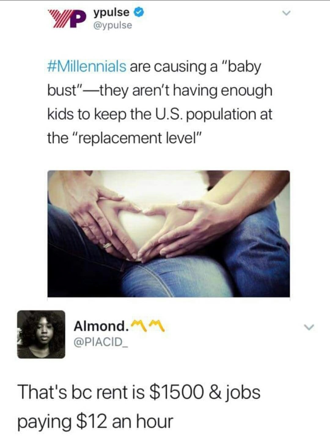 millennials aren t having kids - ypulse are causing a "baby bust"they aren't having enough kids to keep the U.S. population at the "replacement level" Almond.Mm That's bc rent is $1500 & jobs paying $12 an hour