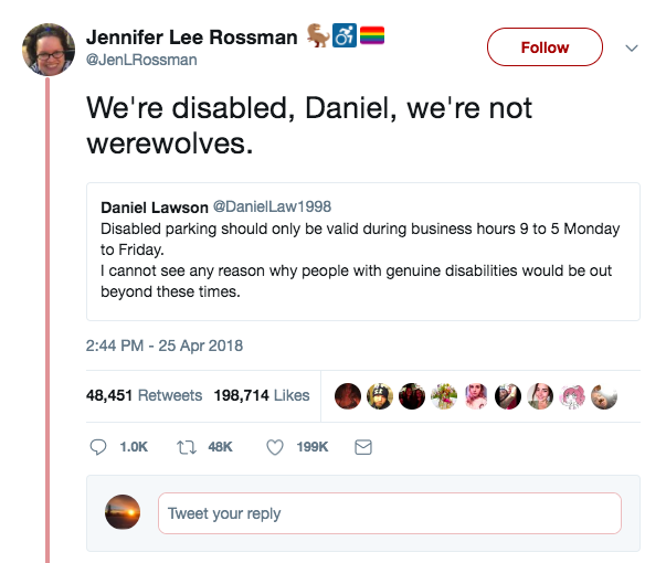 trump tweets lies - & Jennifer Lee Rossman We're disabled, Daniel, we're not werewolves. Daniel Lawson 1998 Disabled parking should only be valid during business hours 9 to 5 Monday to Friday. I cannot see any reason why people with genuine disabilities w