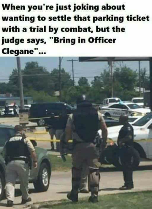 officer clegane - When you're just joking about wanting to settle that parking ticket with a trial by combat, but the judge says, "Bring in Officer Clegane"...