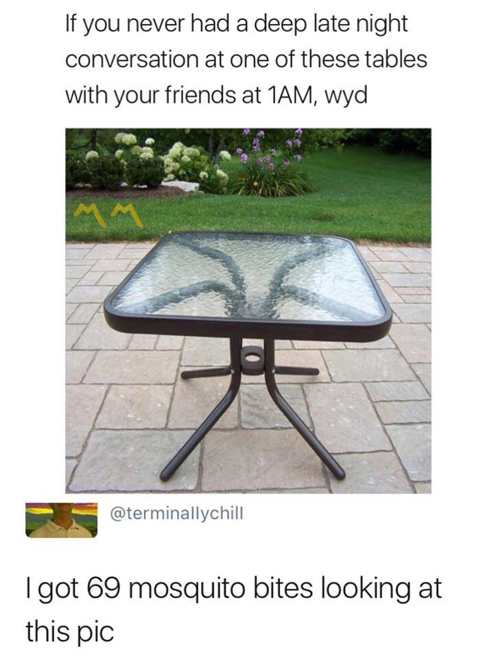 if you ve never had a deep late night conversation - If you never had a deep late night conversation at one of these tables with your friends at 1AM, wyd I got 69 mosquito bites looking at this pic