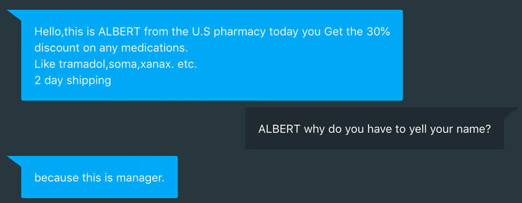 presentation - Hello, this is Albert from the U.S pharmacy today you Get the 30% discount on any medications. tramadol, soma,xanax. etc. 2 day shipping Albert why do you have to yell your name? because this is manager.