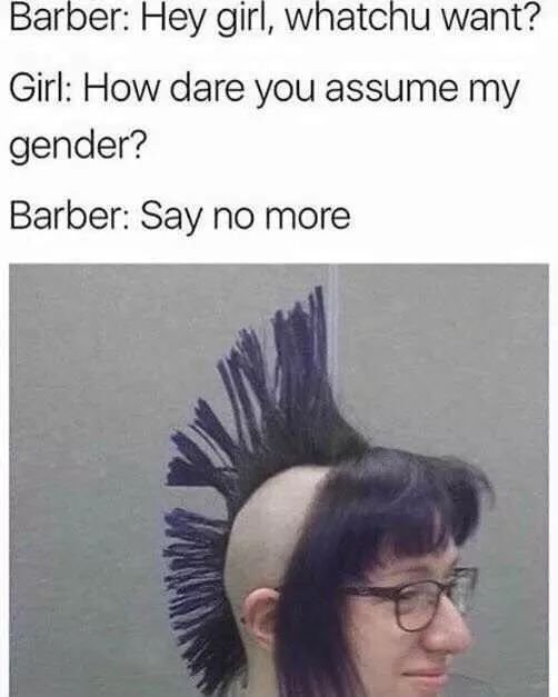 dare you assume my gender - Barber Hey girl, whatchu want? Girl How dare you assume my gender? Barber Say no more