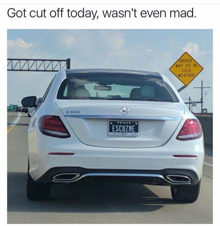 meme about getting cut off by a car with an apologetic number plate