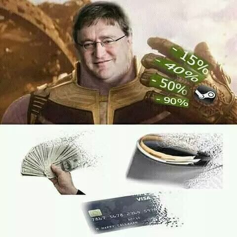 meme about Gabe Newell as Thanos causing money to disintegrate during a Steam sell
