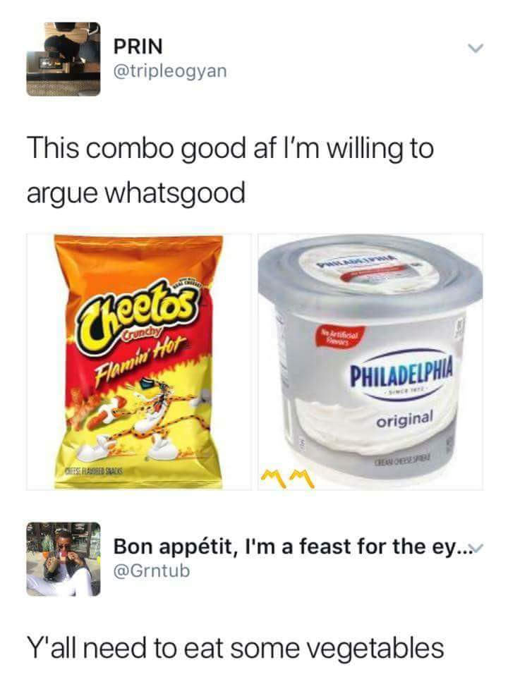 meme about eating Cheetos with cream cheese