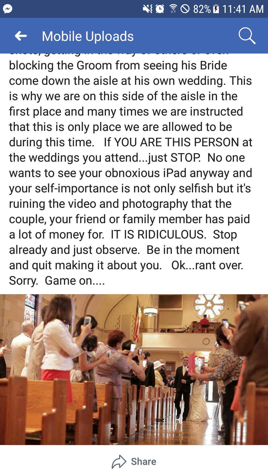 facebook rant about people taking photos on their ipad with picture of people on their phone filming the wedding