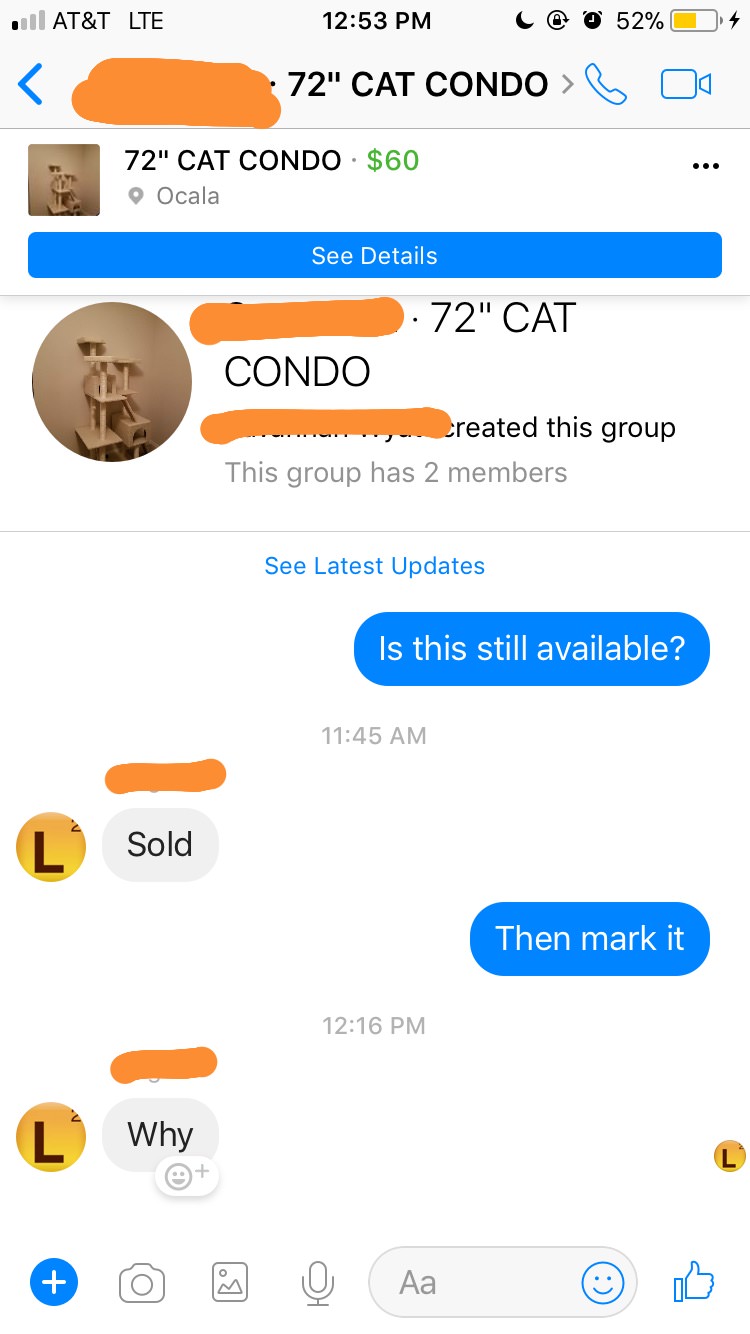 infuriating texting interaction of someone inquiring about a real estate unit and the seller explaining it is sold, to which the buyer tells him to mark it, and the seller asks why