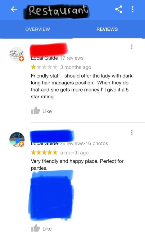 mildly infuriating review by woman that is clearly imply that someone should get promoted and that someone is her