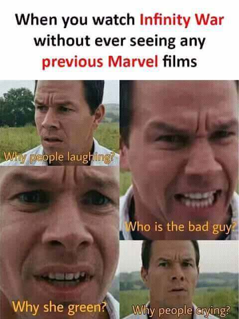 memes - mark wahlberg the happening - When you watch Infinity War without ever seeing any previous Marvel films Why people laughingi Who is the bad guy Why she green? Why people crying?