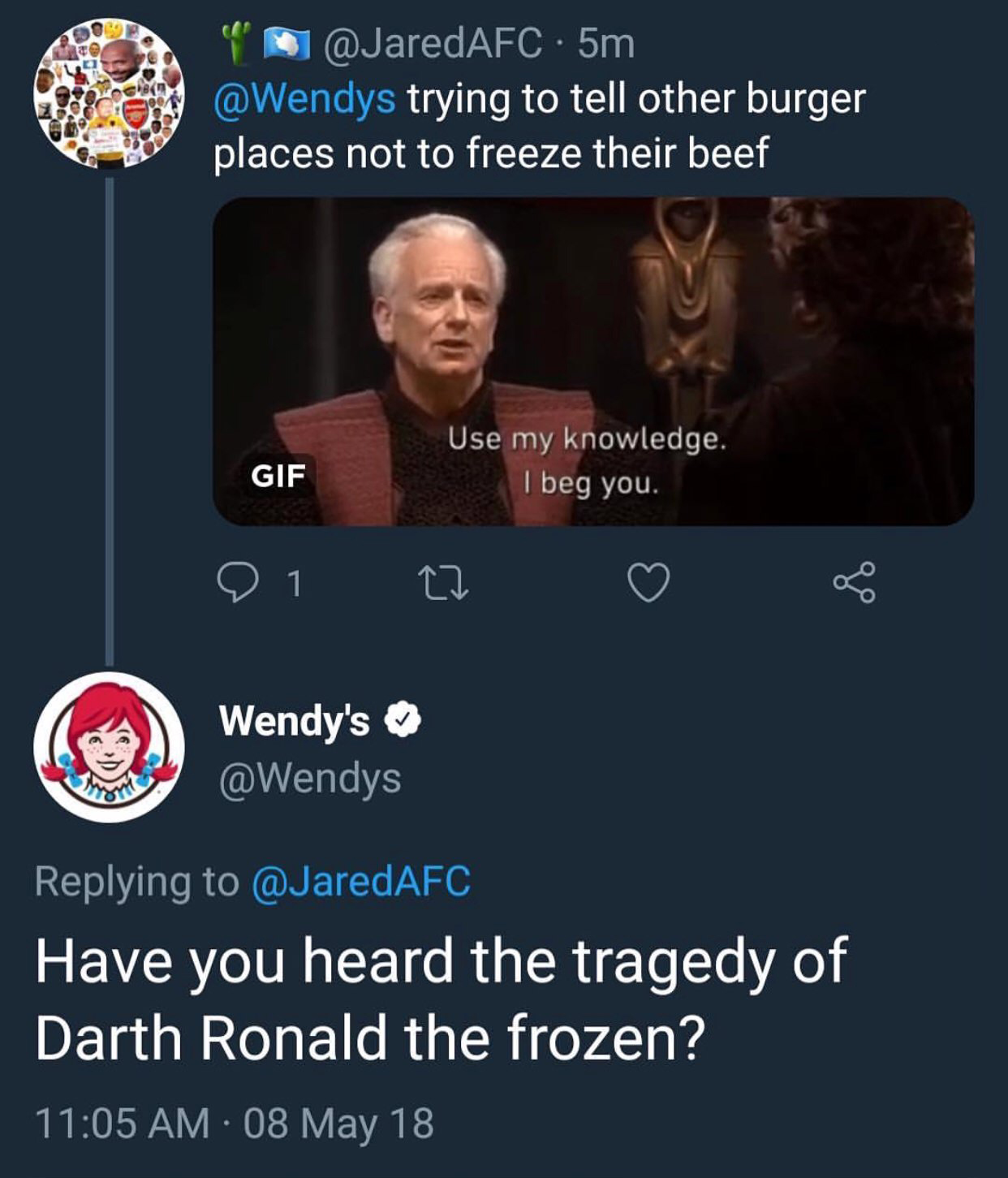 memes - arin and wendy's - 5m trying to tell other burger places not to freeze their beef Gif Use my knowledge. I beg you. 101 27 0 8 Wendy's Have you heard the tragedy of Darth Ronald the frozen? 08 May 18
