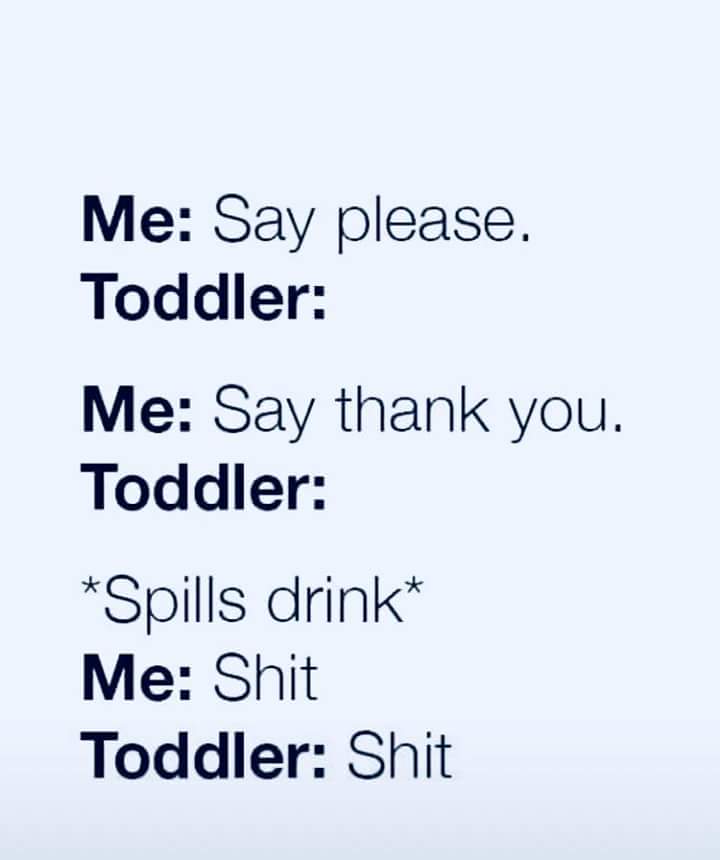 memes - toddler shit meme - Me Say please. Toddler Me Say thank you. Toddler Spills drink Me Shit Toddler Shit