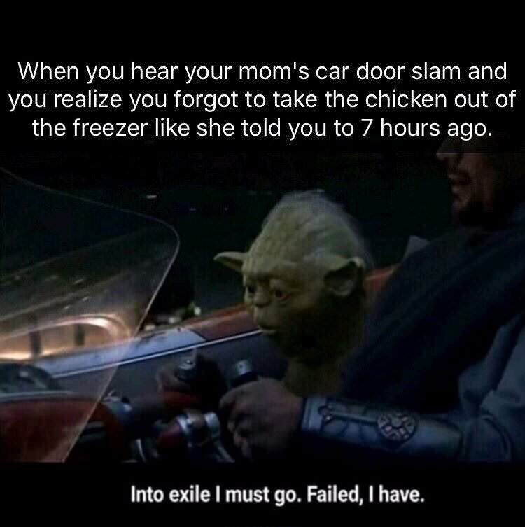 memes - star wars memes funny - When you hear your mom's car door slam and you realize you forgot to take the chicken out of the freezer she told you to 7 hours ago. Into exile I must go. Failed, I have.