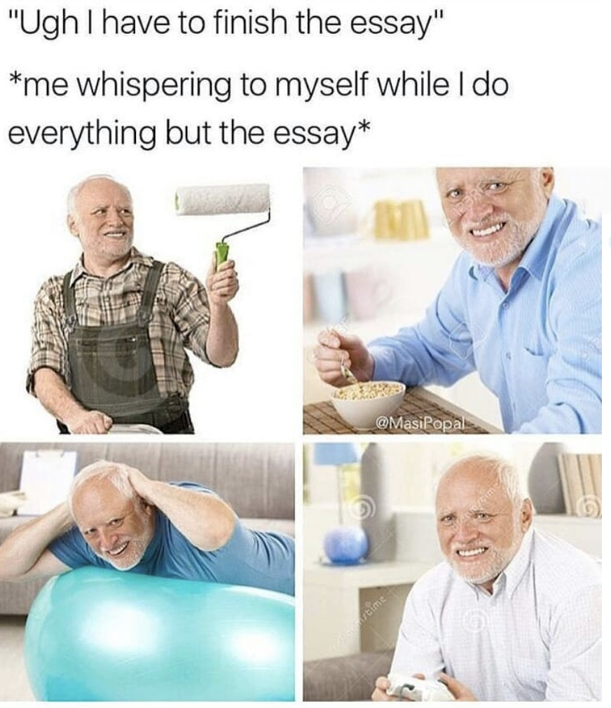 memes - hide the pain harold memes - "Ugh I have to finish the essay" me whispering to myself while I do everything but the essay