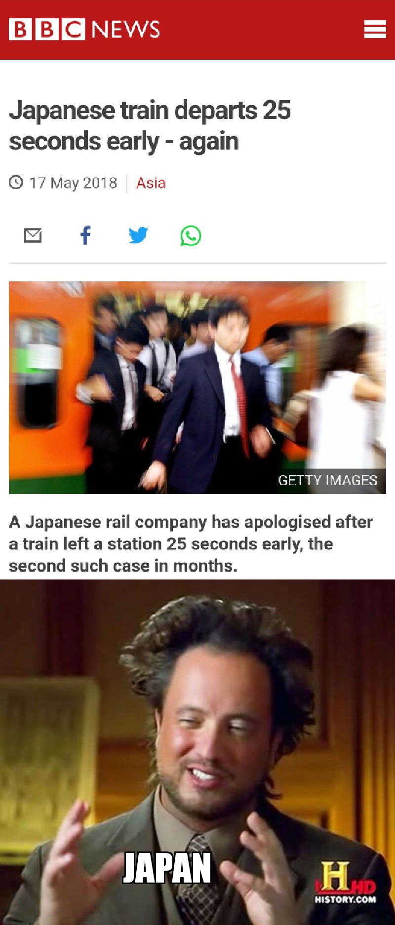 mind blown history channel - Bbc News Japanese train departs 25 seconds early again Asia Getty Images A Japanese rail company has apologised after a train left a station 25 seconds early, the second such case in months. Japan Hd History.Com