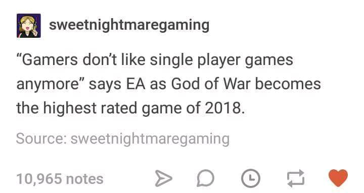 polyamory aesthetic - sweetnightmaregaming "Gamers don't single player games anymore" says Ea as God of War becomes the highest rated game of 2018. Source sweetnightmaregaming 10,965 notes > D