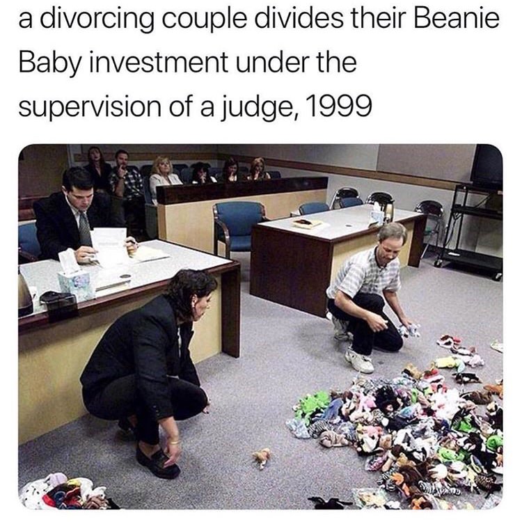 beanie baby divorce - a divorcing couple divides their Beanie Baby investment under the supervision of a judge, 1999
