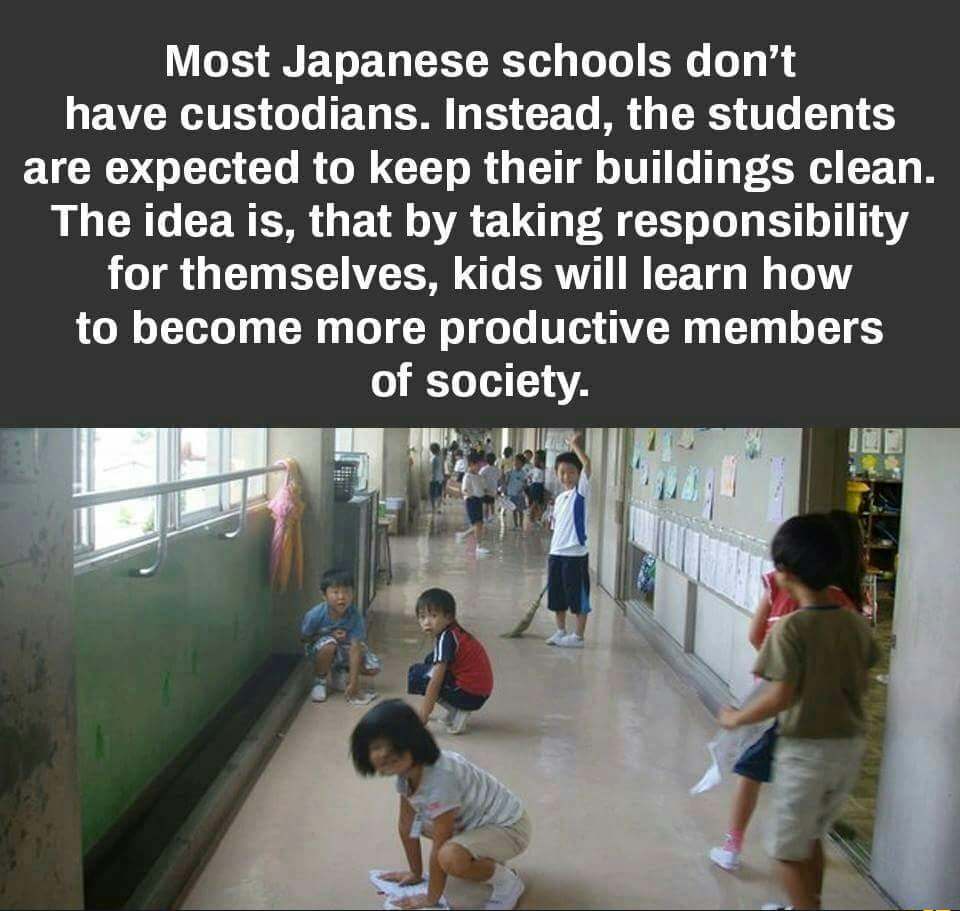 japanese school cleaning - Most Japanese schools don't have custodians. Instead, the students are expected to keep their buildings clean. The idea is, that by taking responsibility for themselves, kids will learn how to become more productive members of s