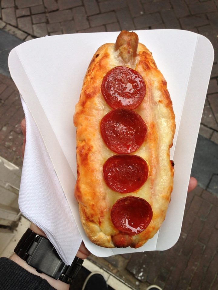 hotdog with pepperoni and cheese