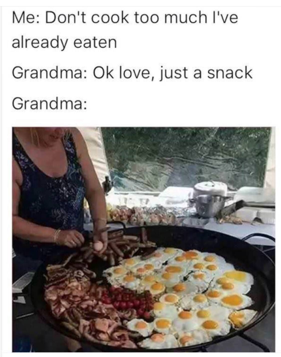 grandma food meme - Me Don't cook too much I've already eaten Grandma Ok love, just a snack Grandma