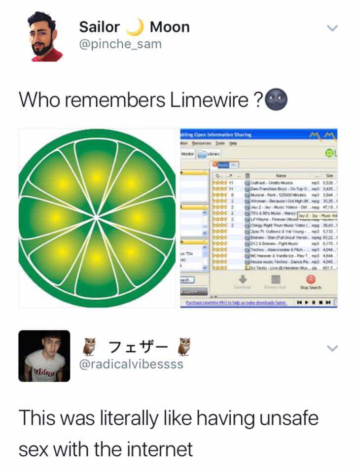 limewire meme - Sailor Moon Who remembers Limewire ? fine Open Information Sharing re 50 es www. Com z out hur 33 C . 0216 Q . G ecive L ento tuna Ip Dh Vi V Phn Mm Httm Wb This was literally having unsafe sex with the internet