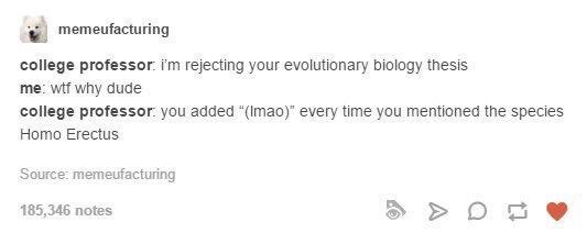 angle - memeufacturing college professor i'm rejecting your evolutionary biology thesis me wtf why dude college professor you added "Imao" every time you mentioned the species Homo Erectus Source memeufacturing 185,346 notes