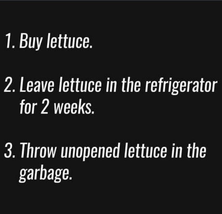 angle - 1. Buy lettuce. 2. Leave lettuce in the refrigerator _for 2 weeks. 3. Throw unopened lettuce in the garbage.