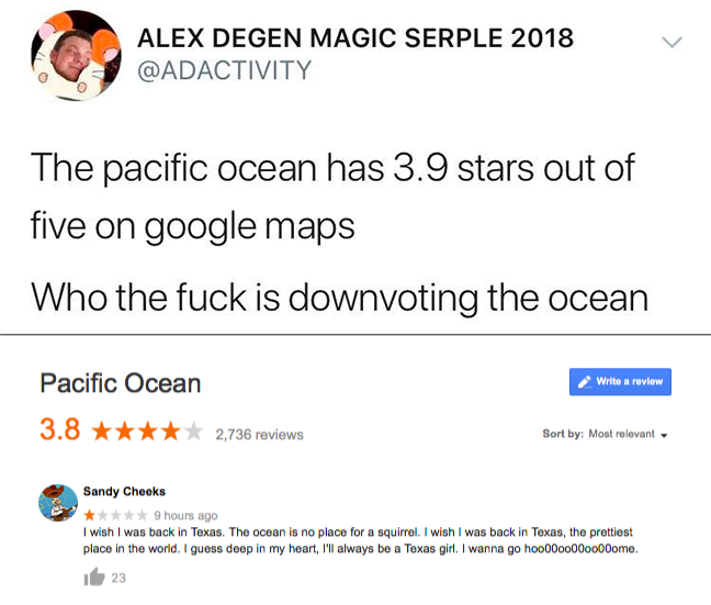 downvoted the ocean - Alex Degen Magic Serple 2018 The pacific ocean has 3.9 stars out of five on google maps Who the fuck is downvoting the ocean Write a review Pacific Ocean 3.8 2,736 reviews Sort by Most relevant Sandy Cheeks 9 hours ago I wish I was b