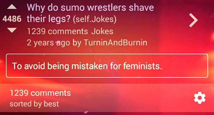 graphics - A Why do sumo wrestlers shave 4486 their legs? self.Jokes 1239 Jokes 2 years ago by TurninAndBurnin To avoid being mistaken for feminists. 1239 sorted by best