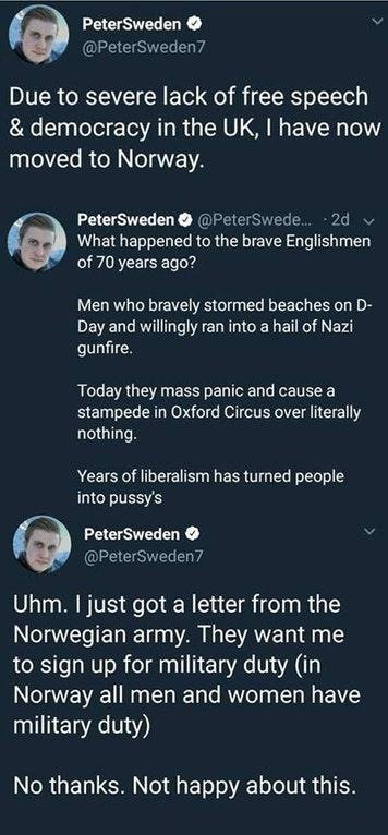 sky - Peter Sweden Due to severe lack of free speech & democracy in the Uk, I have now moved to Norway. Peter Sweden .. 2d v What happened to the brave Englishmen of 70 years ago? Men who bravely stormed beaches on D Day and willingly ran into a hail of N