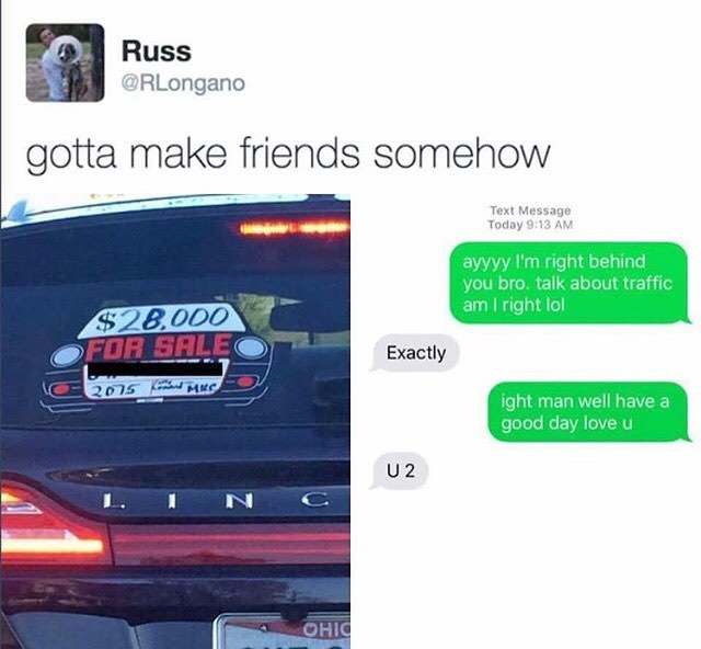 Man who has a for sale sign on his car gets texted and words of support by man in the car behind him