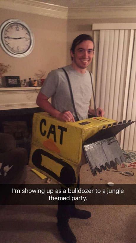 Dank meme snapchat of man dressed as a bulldozer to a Jungle themed party