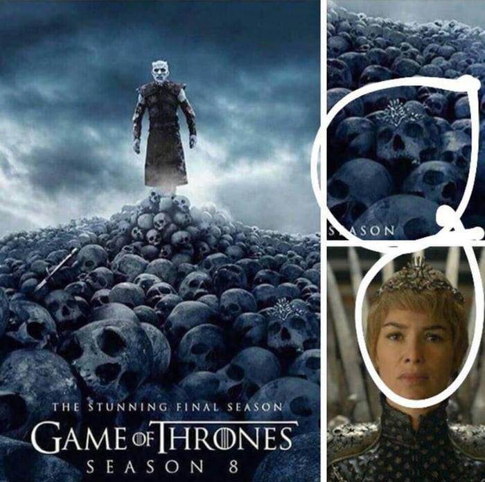 Possible Easter egg spoiler from Game of Thrones about the crown being on one of the skulls that the dark king stand on in a promotional poster for Season 8
