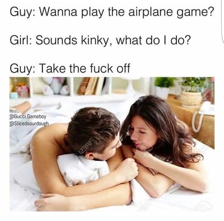 Meme of couple in bed about to play the airplane game