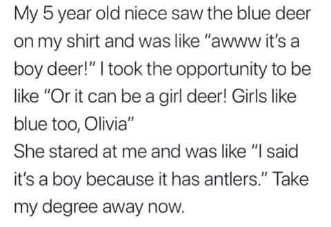 Meme of woman who had 5 year old niece comment on a blue deer on her shirt and she got all gender-equality on the little girl explaining a girl deer can be blue too, and the little girl explained that it was a boy because of the antlers,